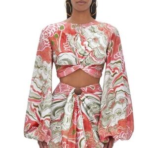 Andrea Iyamah Long Sleeve Coral and Olive Patterned Blouse NEW